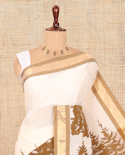 Cream-Brown Kerala Cotton Saree Features Tree Print, Contrast Border, and a Contrast Blouse