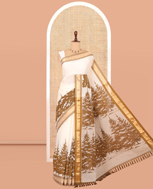 Cream-Brown Kerala Cotton Saree Features Tree Print, Contrast Border, and a Contrast Blouse
