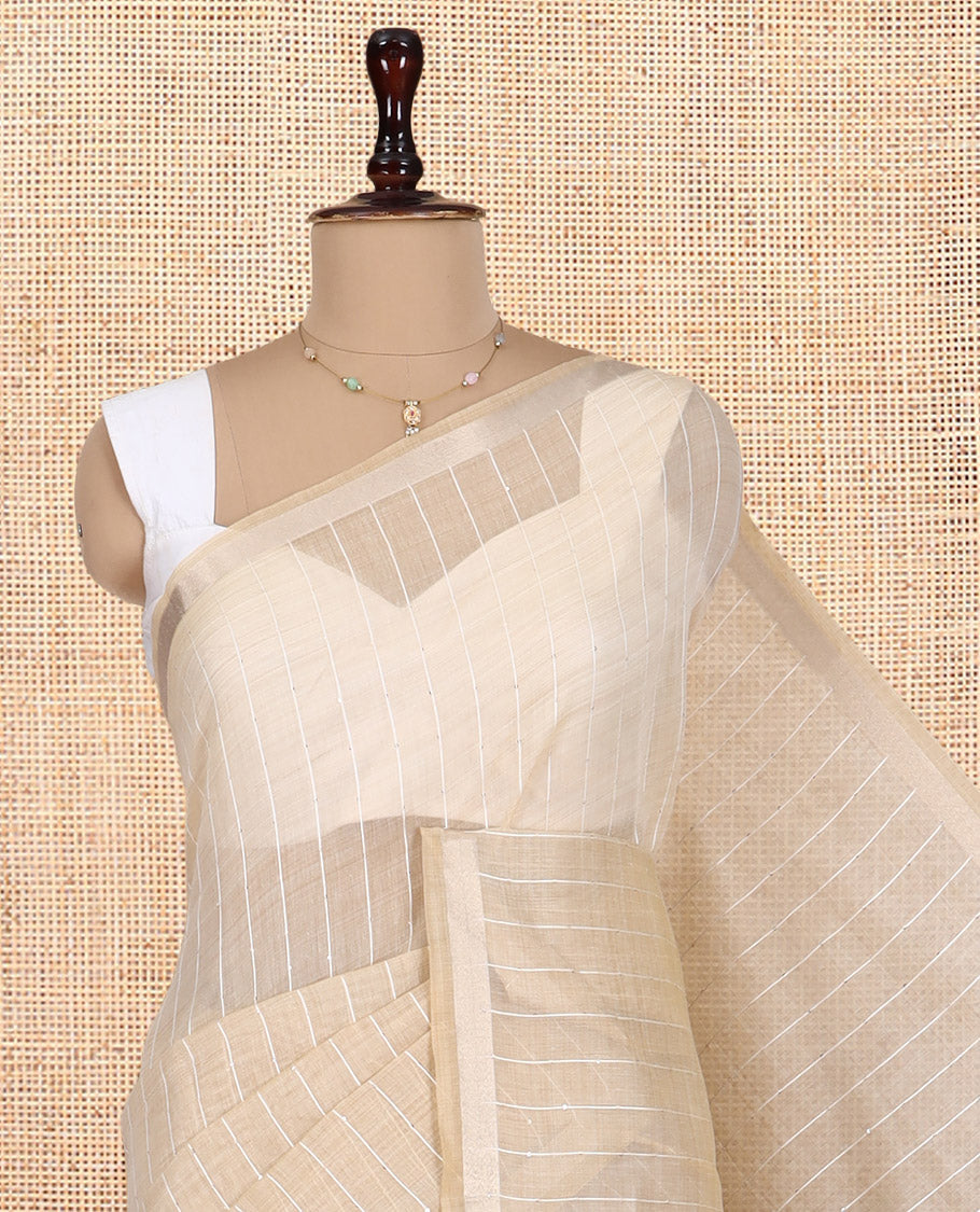 Cream Sequins Striped Semi-Raw Silk Saree, a Zari Border, Pallu of Paithani Designs, Matching Blouse