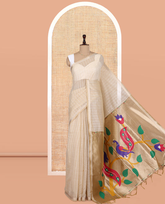 Cream Sequins Striped Semi-Raw Silk Saree, a Zari Border, Pallu of Paithani Designs, Matching Blouse