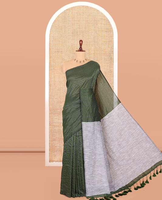 Borderless Bottle Green Zari Striped Khadi Cotton Saree, Contrast Pallu, and No Blouse