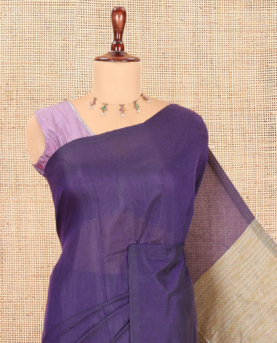 Borderless Violet Plain Khadi Cotton Saree, Jute Pallu, and No Blouse