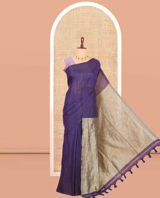 Borderless Violet Plain Khadi Cotton Saree, Jute Pallu, and No Blouse
