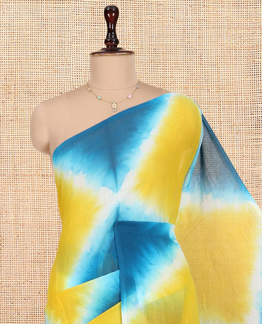 Borderless Blue-Yellow Diamond Shibori Printed Khadi Mul Cotton Saree, and No Blouse