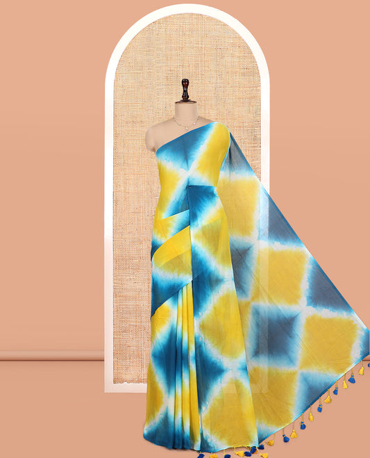Borderless Blue-Yellow Diamond Shibori Printed Khadi Mul Cotton Saree, and No Blouse