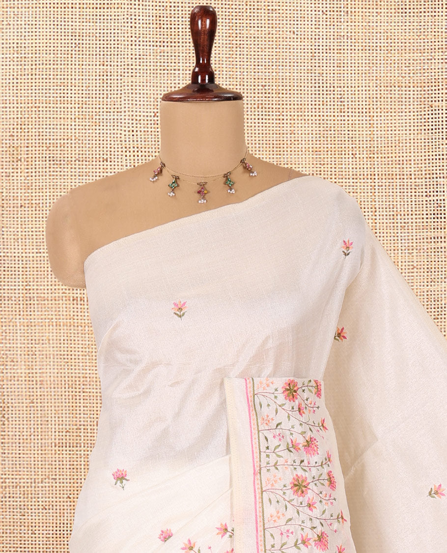 Cream Semi-Tussar Saree Features Floral Thread Embroidery, Floral Embroidered Border, Matching Blouse