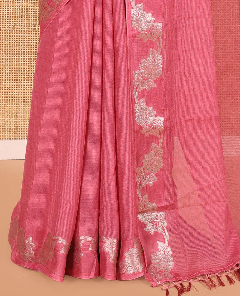 Onion Pink Wrinkle Chiffon Saree, Highlighted by Floral Creeper Border, and No Blouse