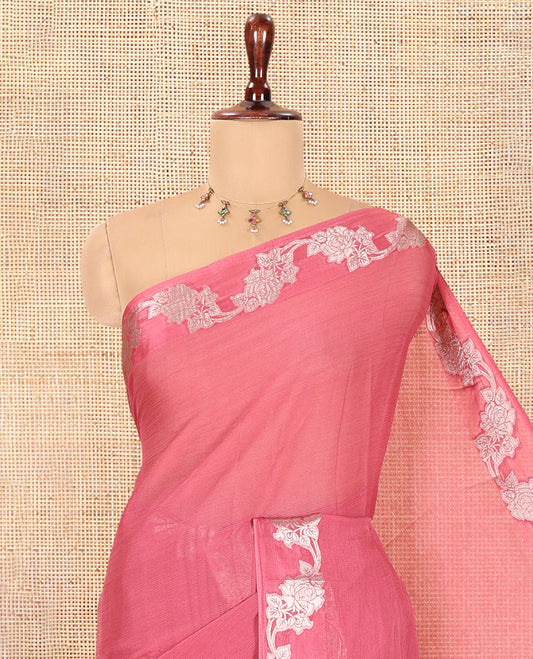 Onion Pink Wrinkle Chiffon Saree, Highlighted by Floral Creeper Border, and No Blouse