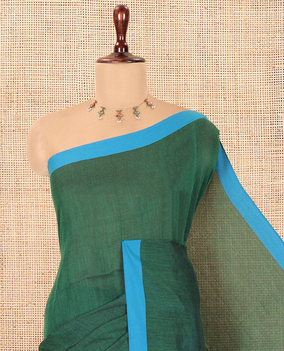 Green Plain Khadi Cotton Saree, a Contrast Border, a Self-Pallu, and No Blouse