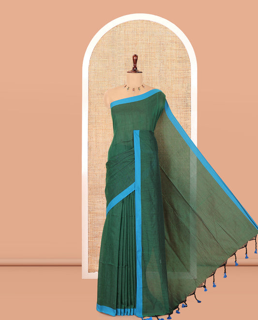 Green Plain Khadi Cotton Saree, a Contrast Border, a Self-Pallu, and No Blouse