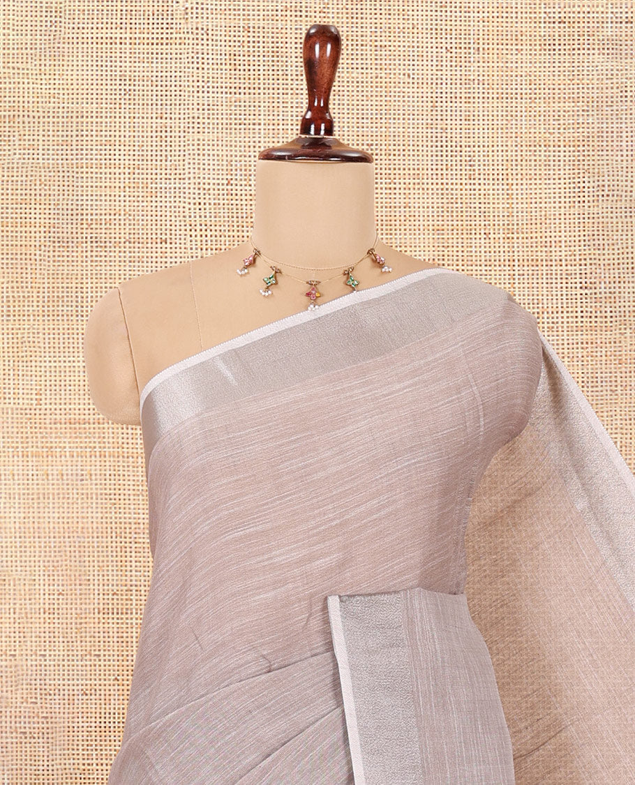 Brown Plain Linen-Cotton Saree, a Zari Border, Striped Pallu, and a Matching Blouse