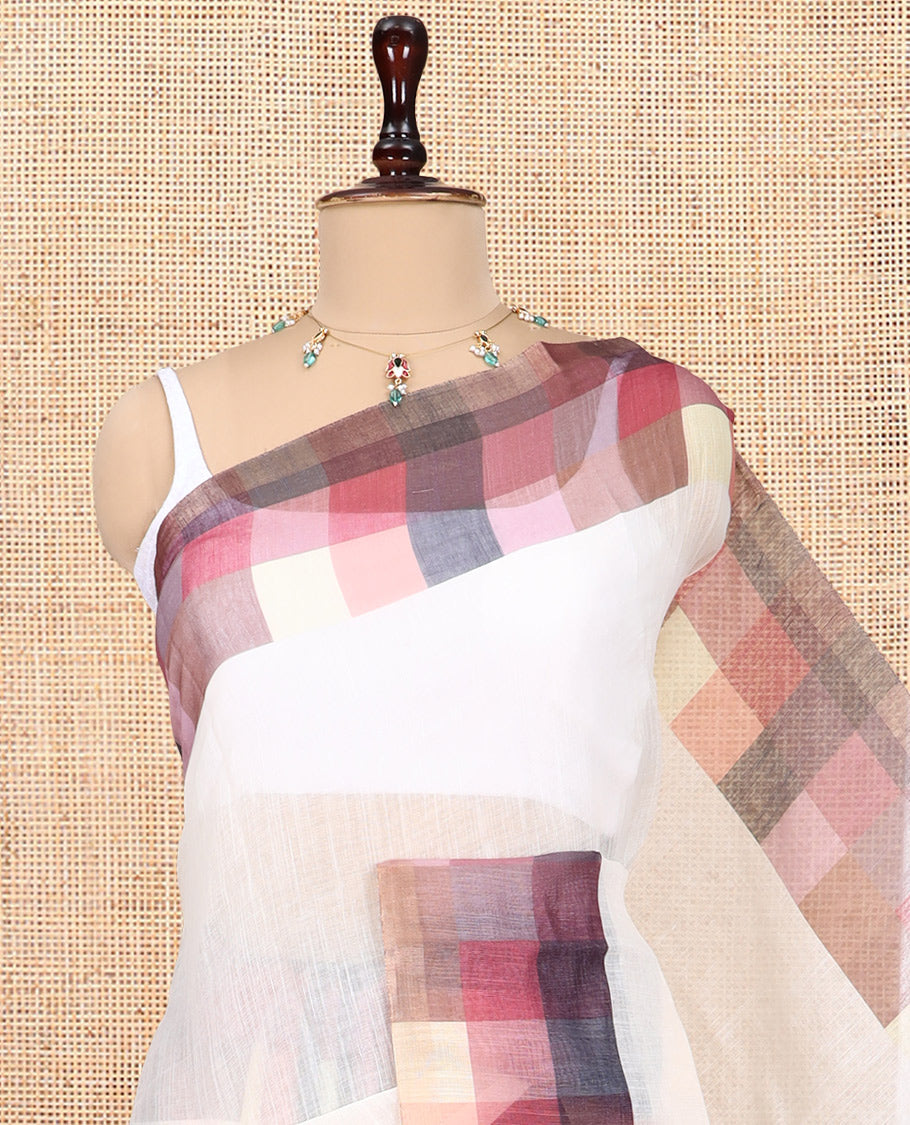 Cream-Brown Plain Handloom Cotton Saree, a Contrast Checked Border, Checked Pallu, and a Contrast Blouse