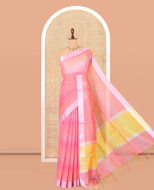 Pink Chanderi Cotton Saree, Adorned with Rainbow-Style Design, a Zari Border, Contrast Pallu, and a Contrast Blouse