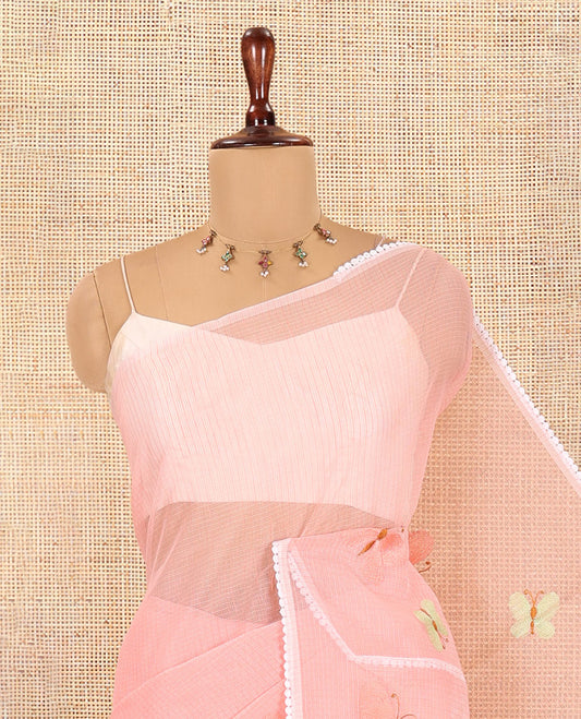Pastel Pink Kota Doria Saree, Delicately Woven with Butterfly Buttas, a Lace Border, a Matching Blouse