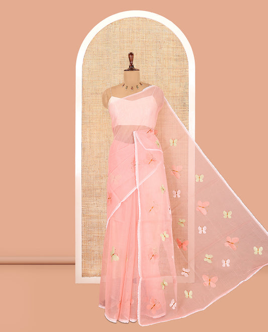 Pastel Pink Kota Doria Saree, Delicately Woven with Butterfly Buttas, a Lace Border, a Matching Blouse
