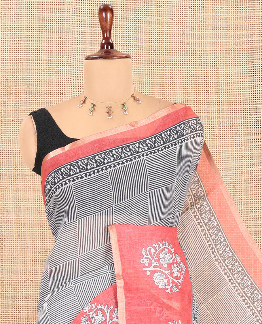 Black-Tomato Pink Linen Cotton Saree