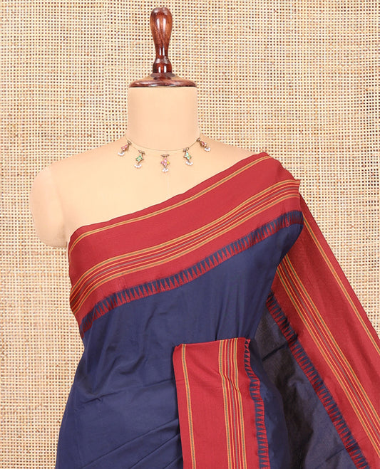 Navy Blue-Maroon Plain Mercerised Cotton Saree