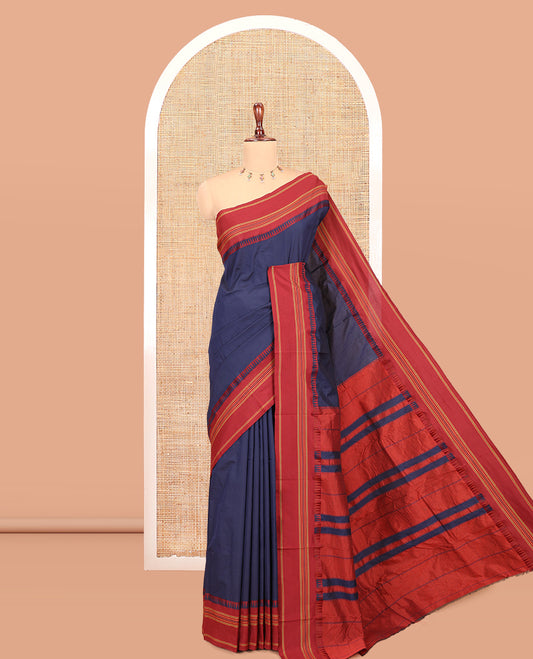 Navy Blue-Maroon Plain Mercerised Cotton Saree