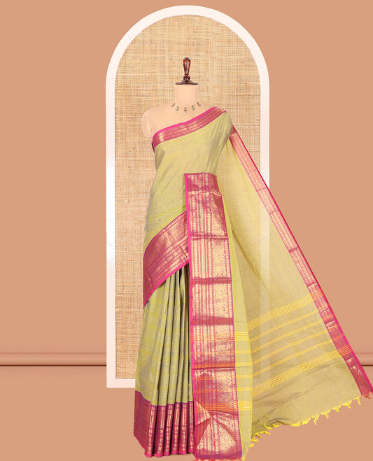 Green-Pink Dual-Tone Plain Chettinad Cotton Saree