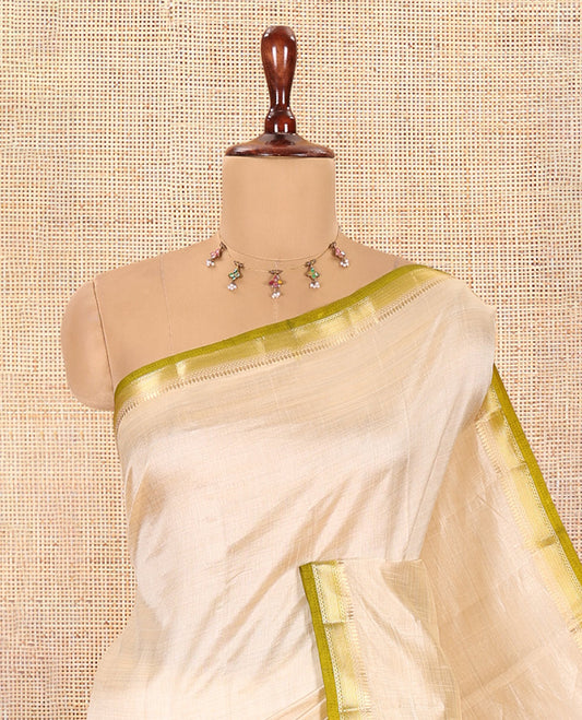 Cream-Mehendi Green Plain Art Tussar Saree