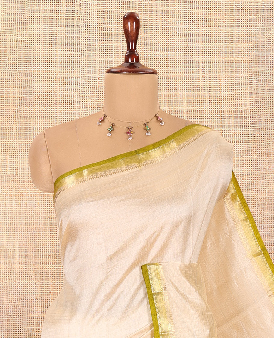 Cream-Mehendi Green Plain Art Tussar Saree