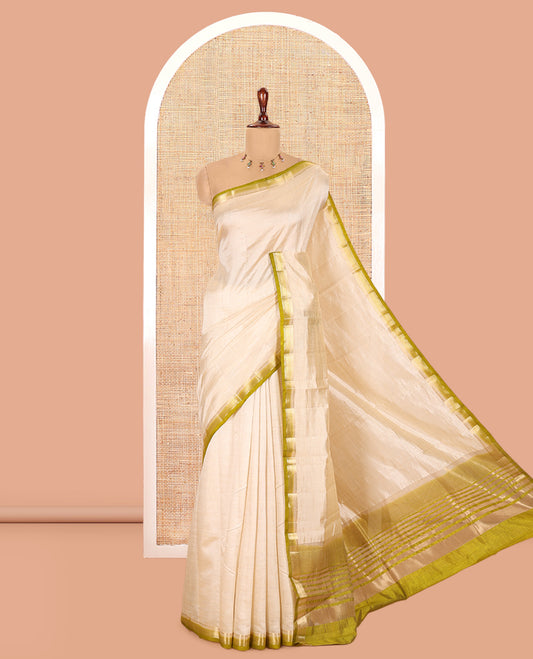 Cream-Mehendi Green Plain Art Tussar Saree
