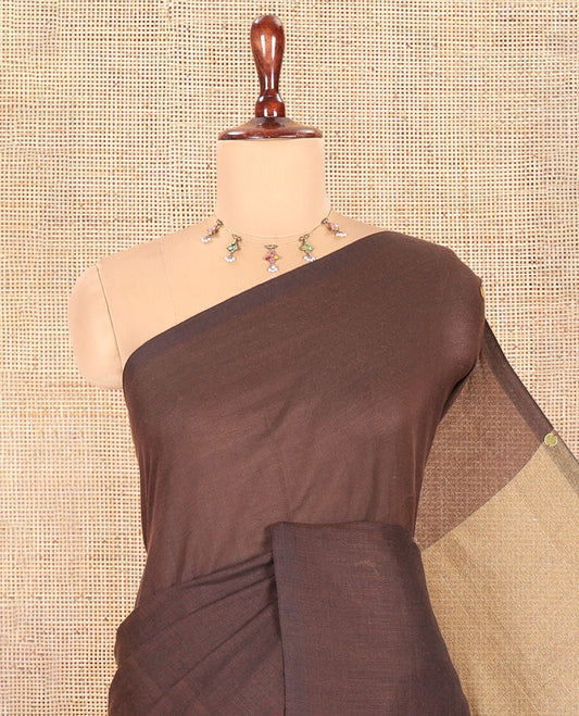 Borderless Brown-Chikku Khadi Cotton Saree