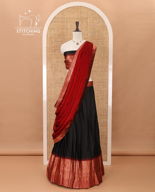 Black taffeta silk half-saree,plain skirt,contrast temple traditional zari border,zari design blouse & zari border georgette dhavani