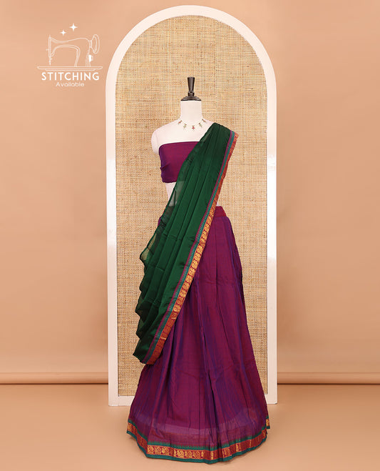 Purple mercerized cotton half-saree, plain & contrast peacock motifs gold zari temple border skirt, matching blouse & temple zari border vichitra silk dhavani