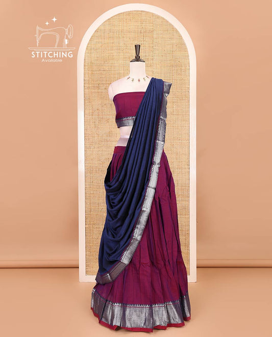 Magenta Mercerised cotton half-saree, plain & contrast mayil kann temple border skirt, matching blouse & contrast zari border syska georgette dhavani