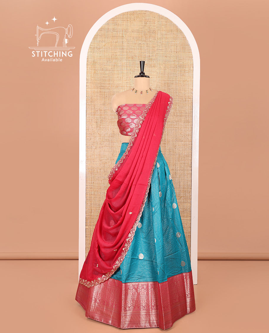 Rama Blue and Rani Pink Banarasi Silk Half-Saree Featuring Micro-Checks and Chakram Buttas Woven Skirt, Complemented by Contrast Traditional Zari Design Border, Paired with a Jacquard Blouse, and a Rangoli Georgette Embroidered Dhavani
