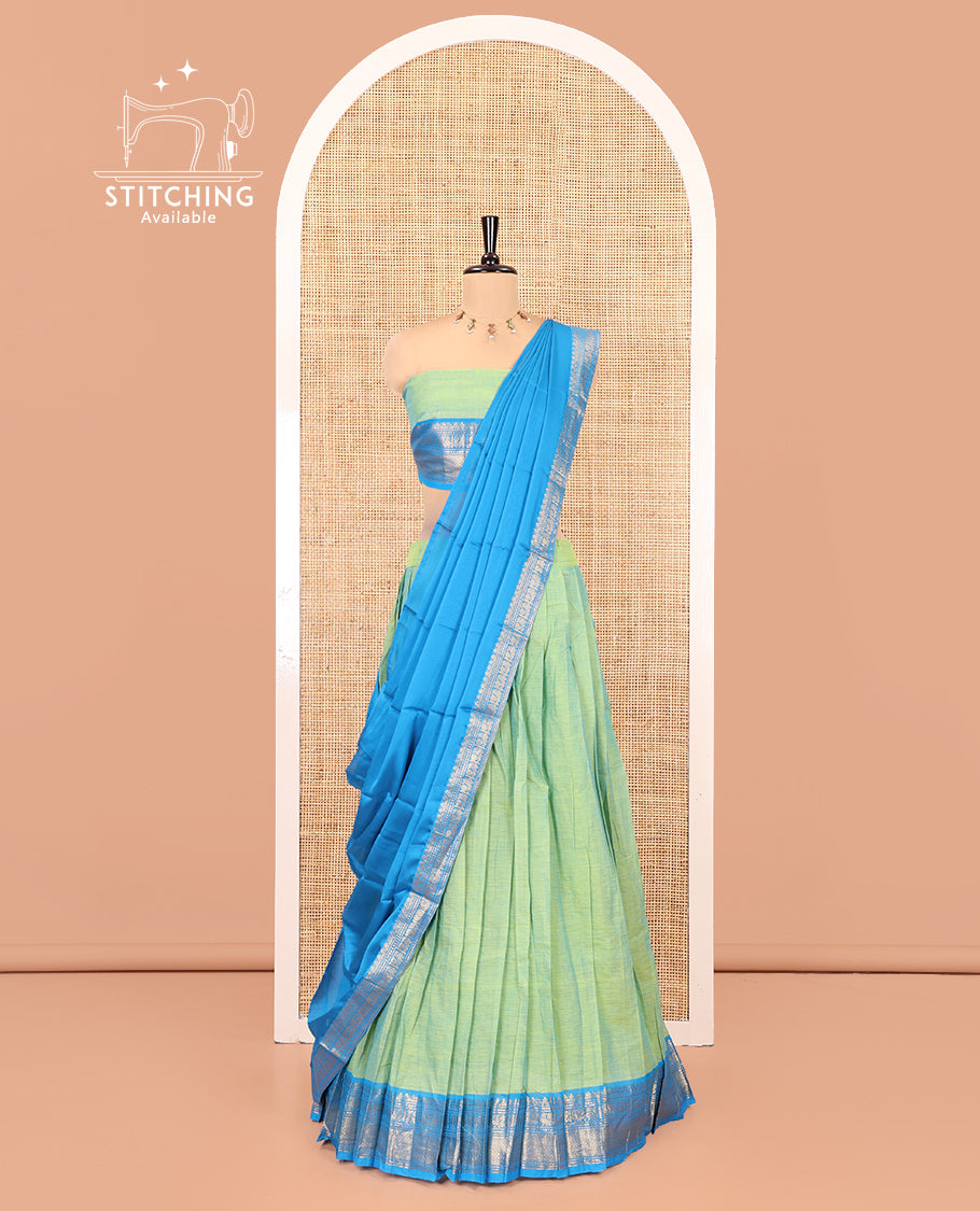 Liril Green-Firozi Blue Chettinad Cotton Half-Saree Featuring Plain Skirt, Contrast Traditional Border, Matching Blouse, Syska Georgette Dhavani