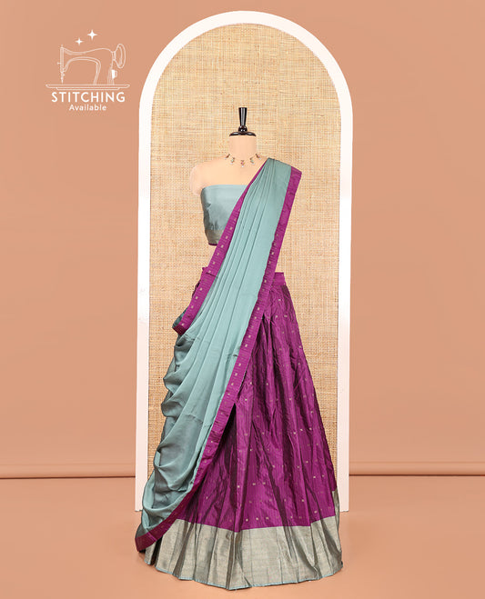 Purple-Grey Taffeta Silk Half-Saree Featuring Buttas Skirt, Contrast Border, Contrast Blouse, Contrast Plain Dhavani