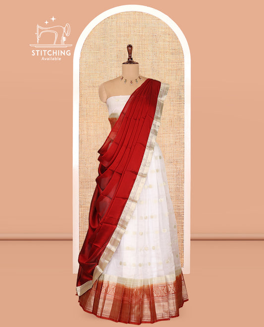 Cream-Rust Organza Half-Saree Features Zari Buttas Skirt, Contrast Traditional Border, Matching Blouse, Contrast Dhavani