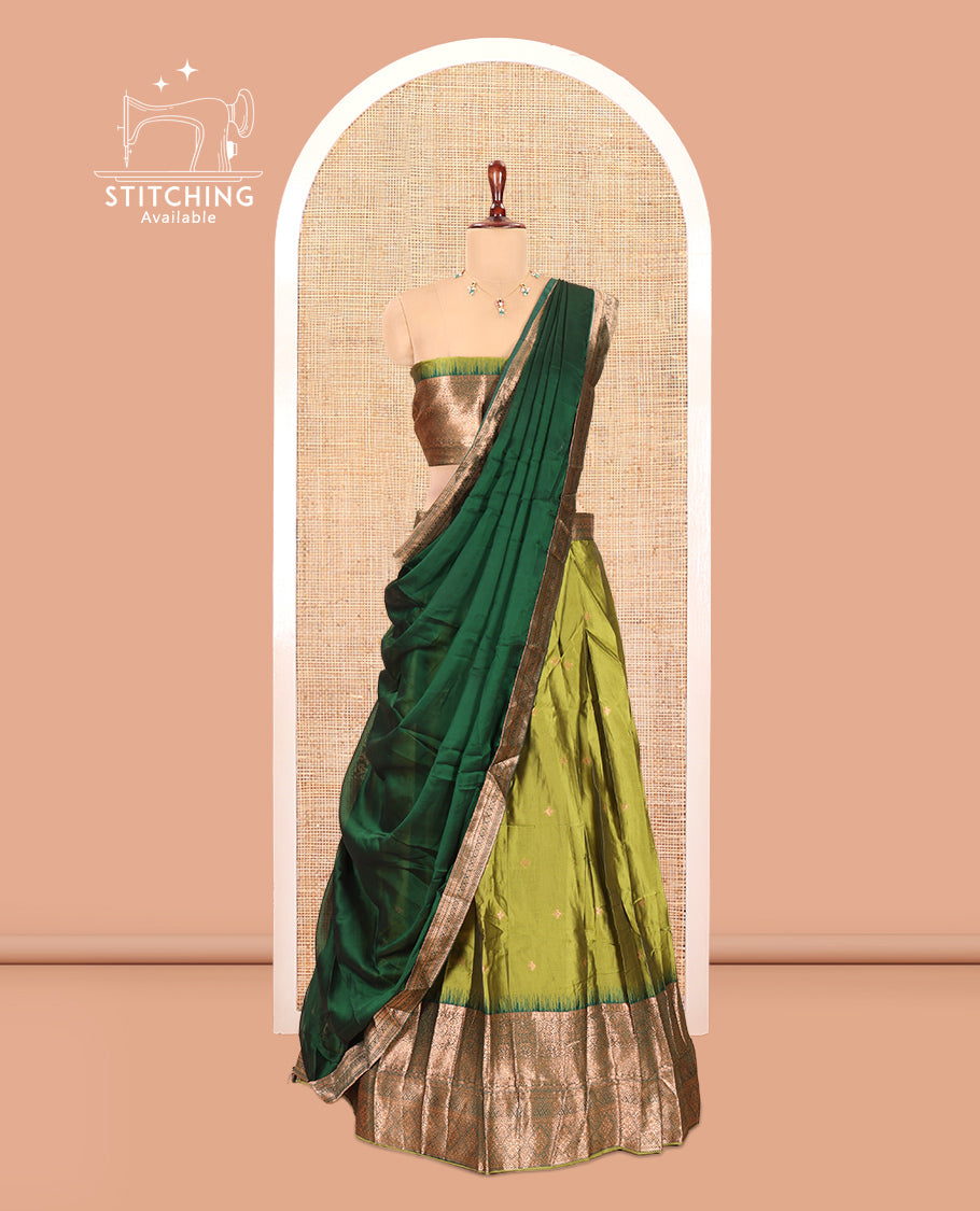 Parrot Green-Leaf Green Semi-Silk Half-Saree, Zari Buttas Skirt, Contrast Traditional Zari Border, a Matching Blouse, a Contrast Blouse