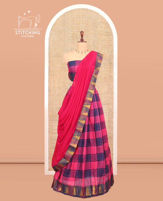 Rani Pink-Navy Blue Chettinad Cotton Half-Saree