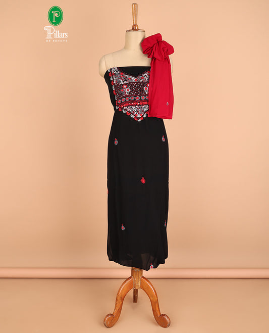 Black chudidhar material challa flower print georgette top with santoon material pants & challa work dupatta