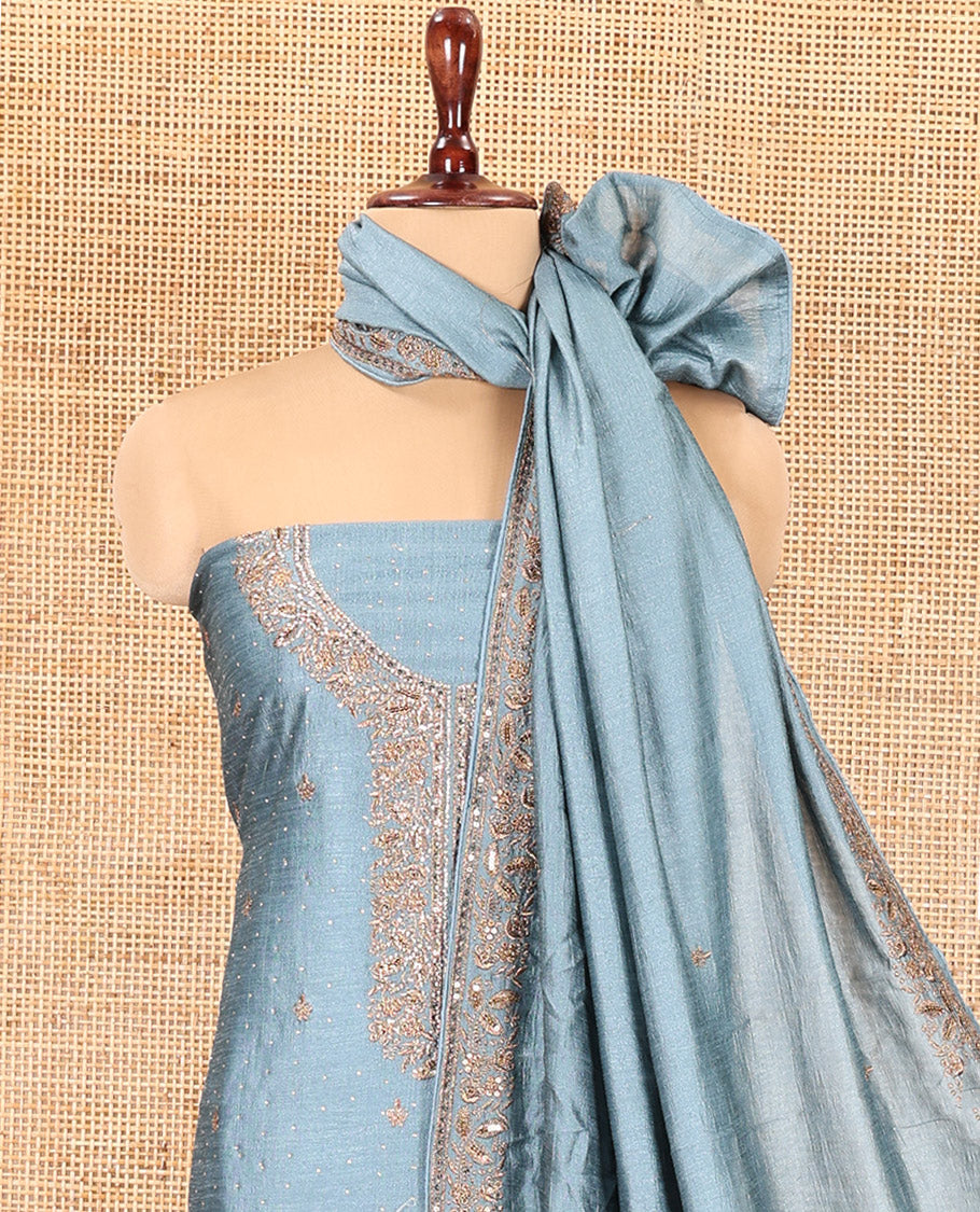 Sea Blue Vichitra Silk Material Chudidar, Embroidered and Cut-work Top, Santoon Bottom, and an Embroidered Dupatta