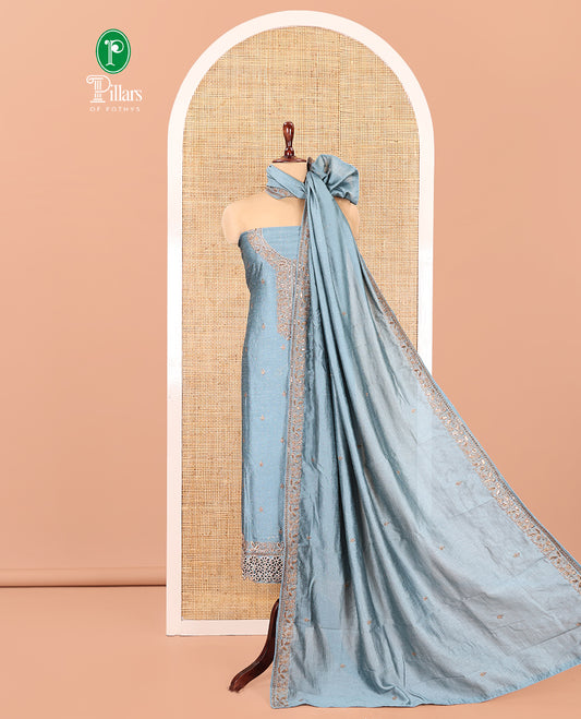 Sea Blue Vichitra Silk Material Chudidar, Embroidered and Cut-work Top, Santoon Bottom, and an Embroidered Dupatta