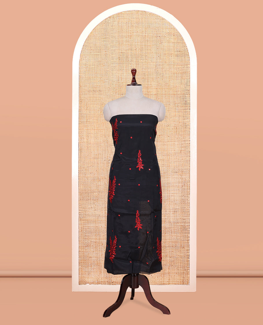 Black-Red Mul Chanderi Material Churidar Features Floral Embroidered Top, a Matching Bottom, and an Embroidered Scallop Dupatta