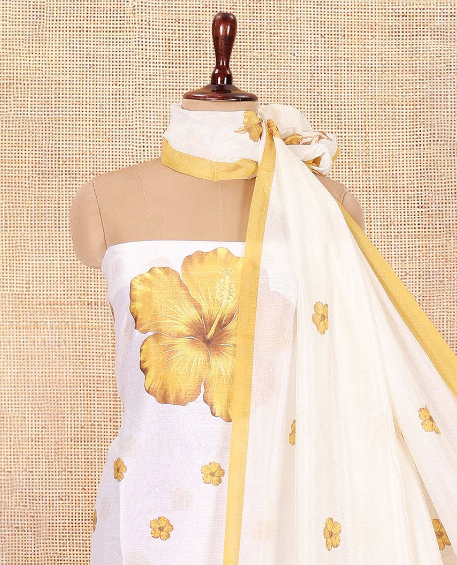 Cream-Mustard Semi-Silk Material Chudidar, Floral Printed Top, Matching Bottom, Floral Printed Dupatta