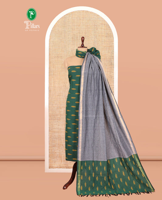 Green-Grey Pure Cotton Saree Material Chudidar Ikat Buttas Top, a Contrast Bottom, and Ikat Buttas Dupatta