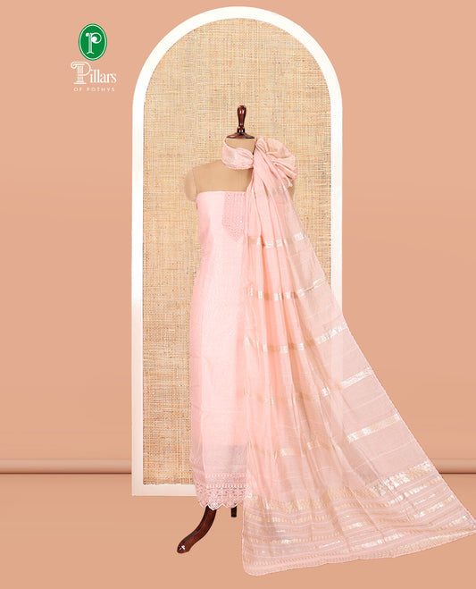 Peach Mul Chanderi Material Chudiddar, Embroidered Top, Plain Bottom, Zari Striped Dupatta