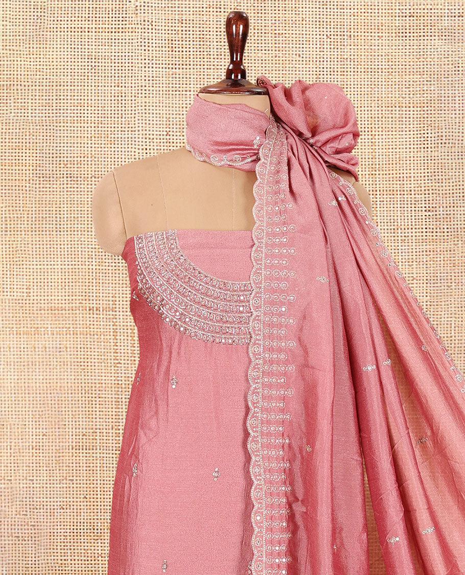 Peach Vichitra Silk Material Chudiddar, Embroidered Top, Plain Bottom, Scallop Embroidered Dupatta