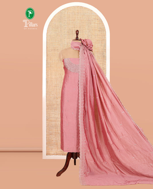 Peach Vichitra Silk Material Chudiddar, Embroidered Top, Plain Bottom, Scallop Embroidered Dupatta