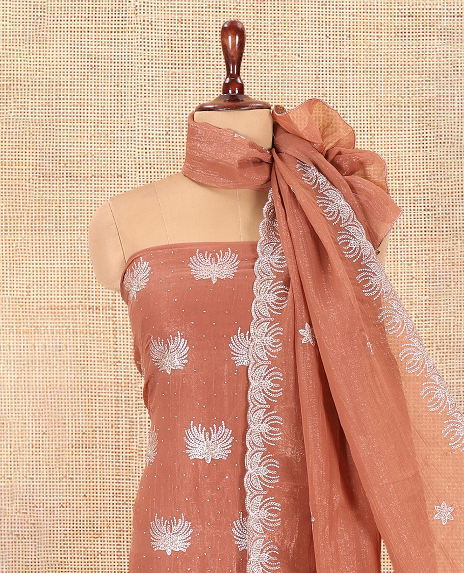 Light Brown Crunchy Chiffon Material Churidar Features Thread Embroidered-Stone Work Top, Plain Bottom, Embroidered Dupatta
