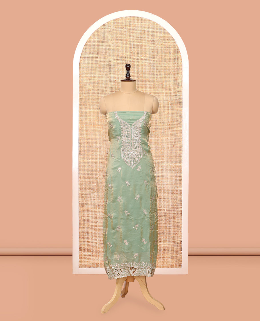 Pista Green Fendy Organza Material Chudidar Set, Adorned with Neck Embroidered Top, a Santoon Bottom, and a Embroidered Dupatta