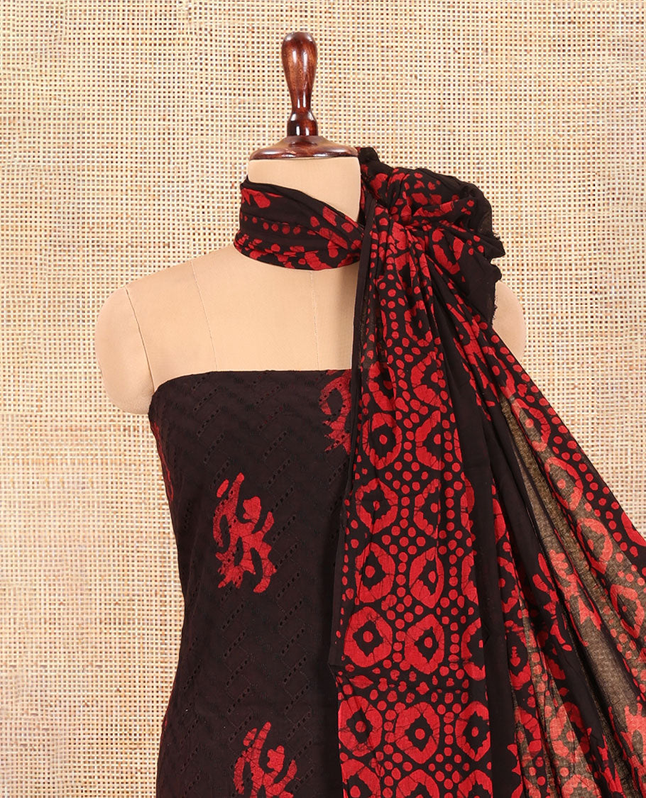 Black Cotton Material Chudidar, Batik Printed Hakoba Work Top, Contrast Bottom, Batik Printed Dupatta