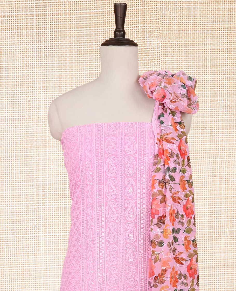 baby pink shifli lucknowi embroidery mango design georgette chudidhar material top with american crepe pant & floral digital print, sequins embroider dupatta