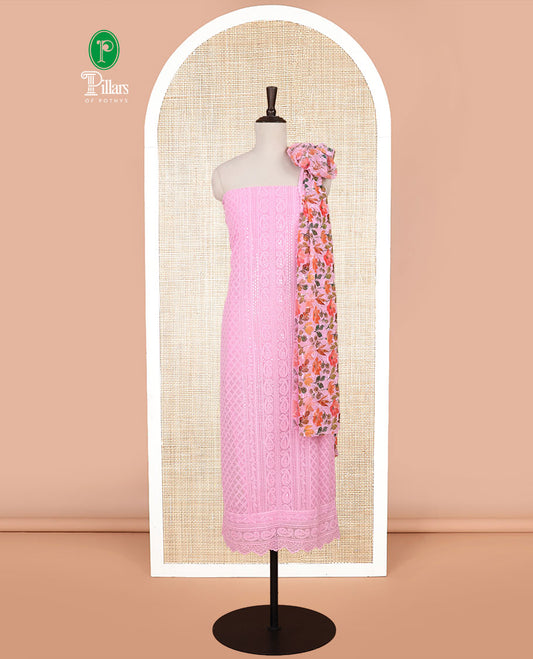baby pink shifli lucknowi embroidery mango design georgette chudidhar material top with american crepe pant & floral digital print, sequins embroider dupatta